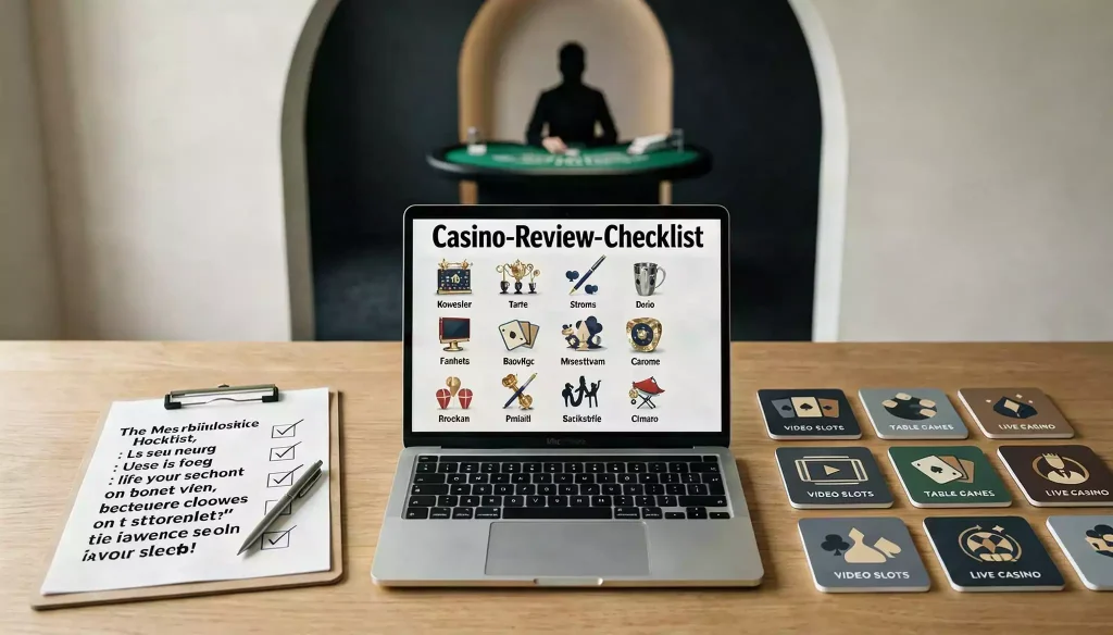 Abstract UK casino games review checklist with slots and live dealer symbols