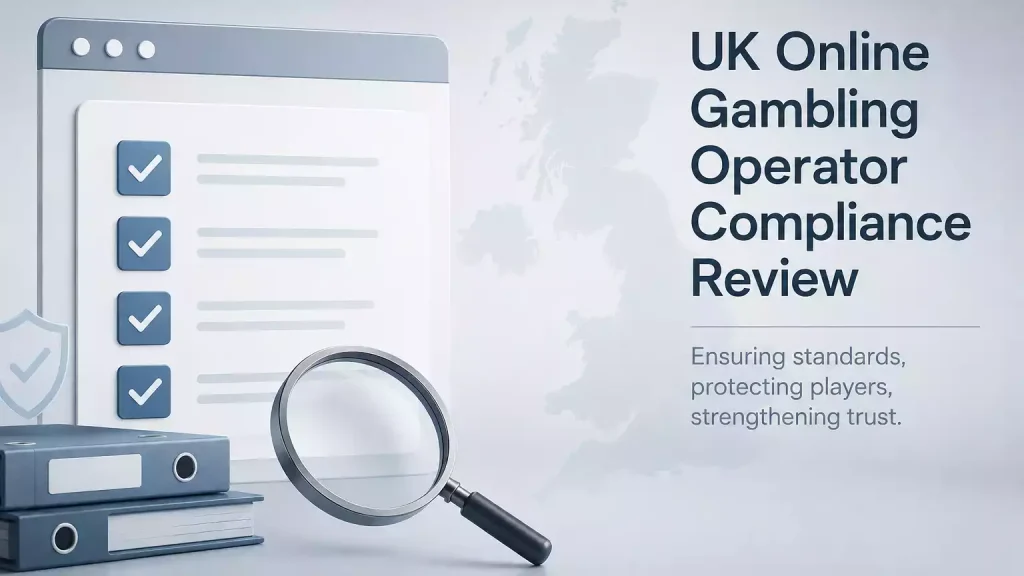 Operator due diligence checklist beside a neutral UK online gambling register illustration