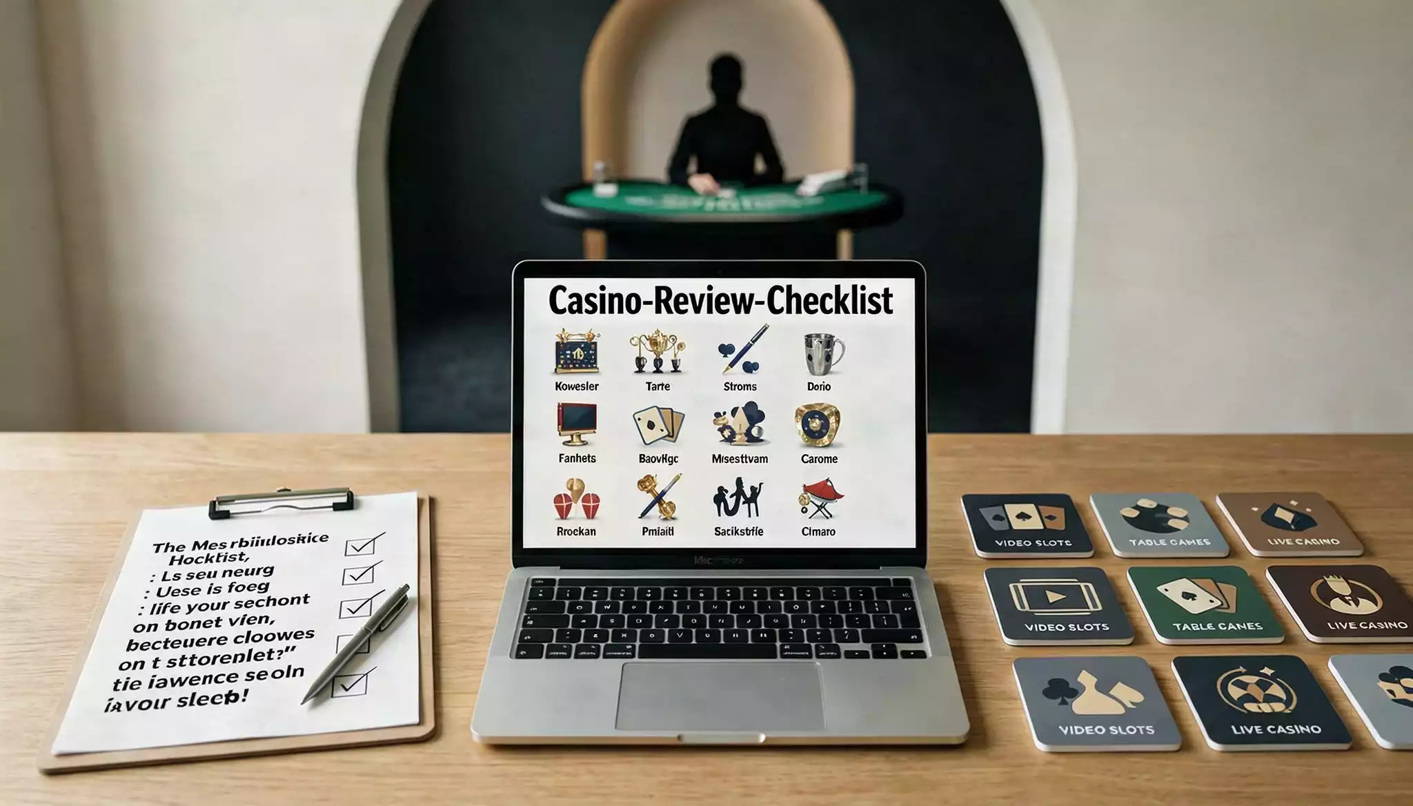MadSlots games review illustration with abstract slot tiles and a UK compliance checklist