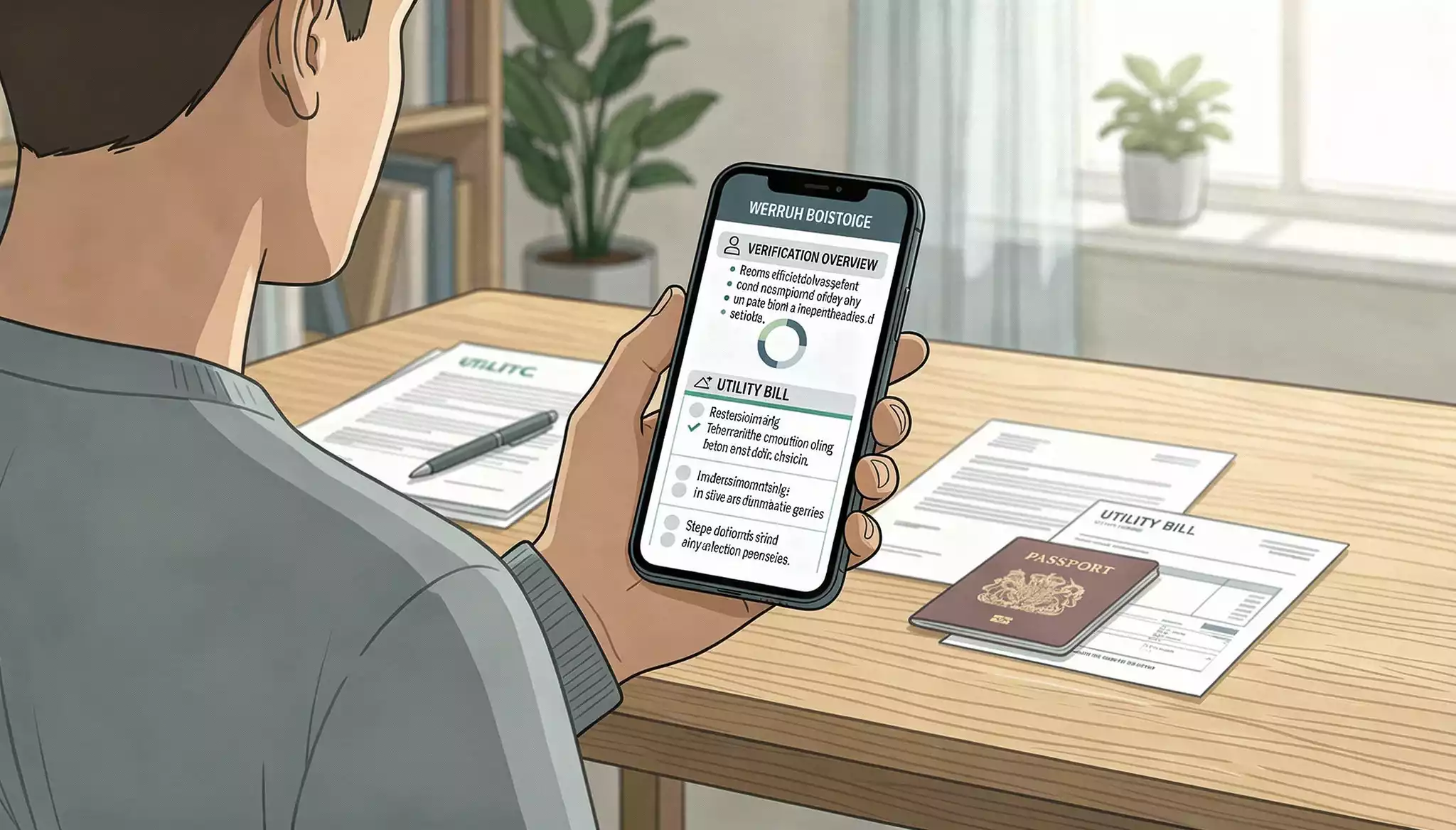 Abstract mobile casino verification scene on a smartphone with UK compliance notes