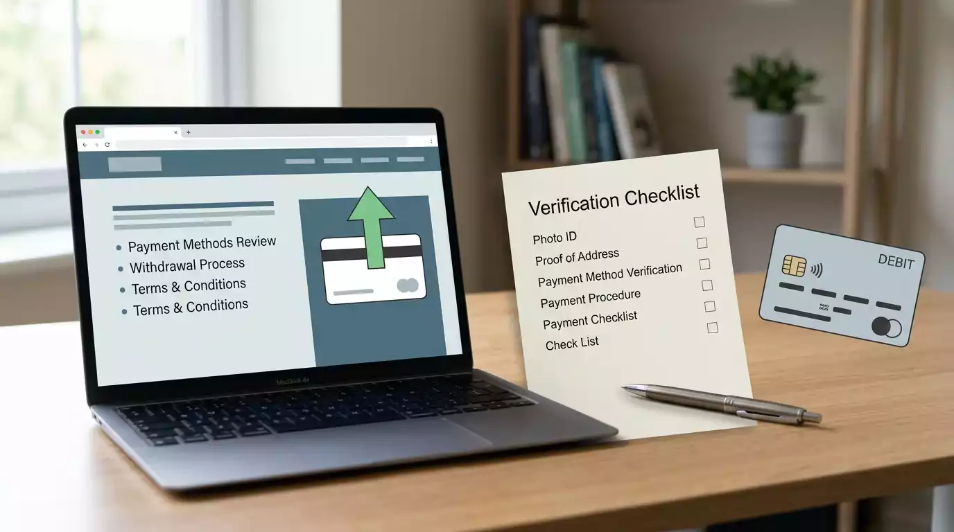 Abstract UK casino payment verification checklist with card and withdrawal symbols