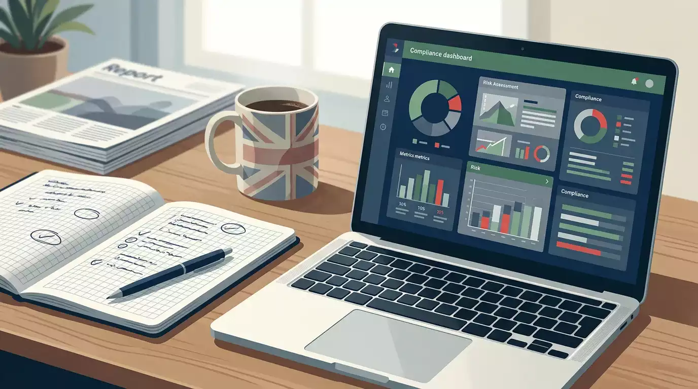 MadSlots UK review desk illustration with compliance checklist and a muted casino dashboard